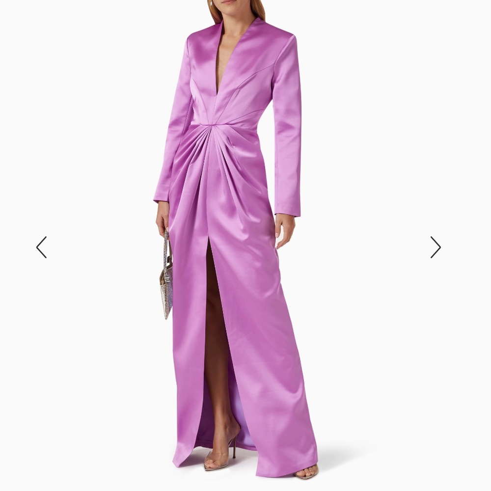 RASARIO: Designer Lavender / Lilac Draped Front-Slit V-Neck Satin Gown